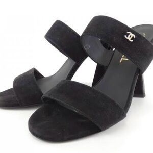 Chanel Black Suede Two-Band Heel Sandals 38 Pearl Heels